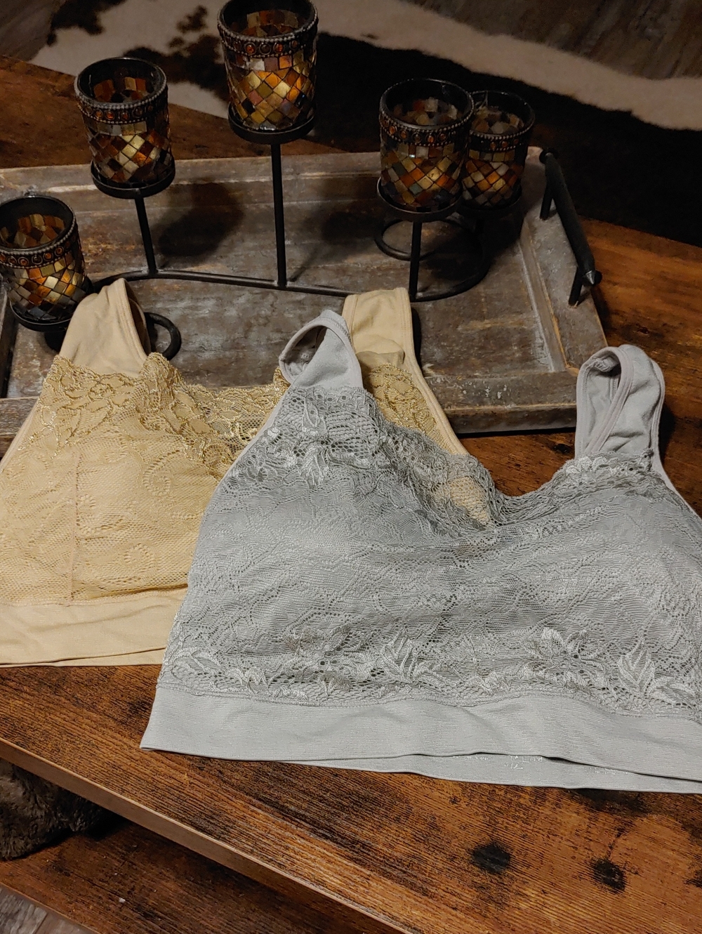 2 Rhonda Shear Large/XL Beige & Grey Sexy Bralettes